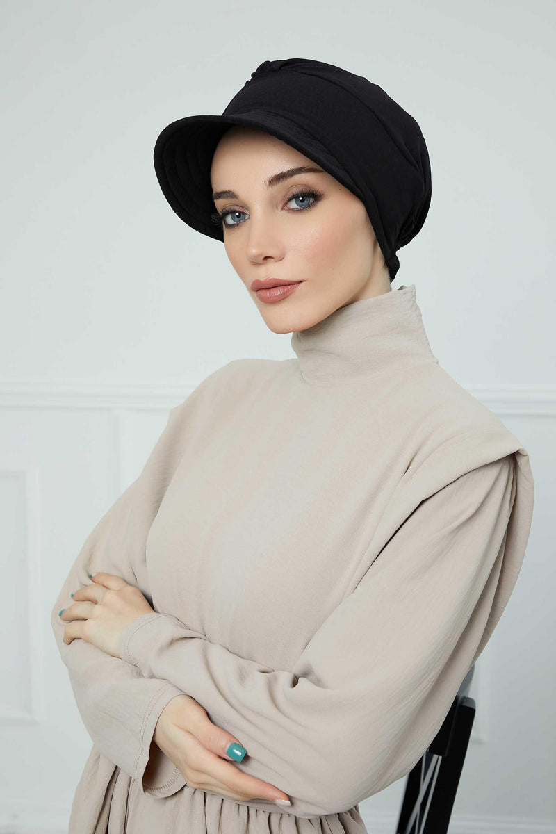 High Quality Newsboy Women Hat, Pre-Tied Turban made from High Quality Wrinkle-Resistant Aerobin Fabric, Visored Instant Turban Cover,B-73A Black