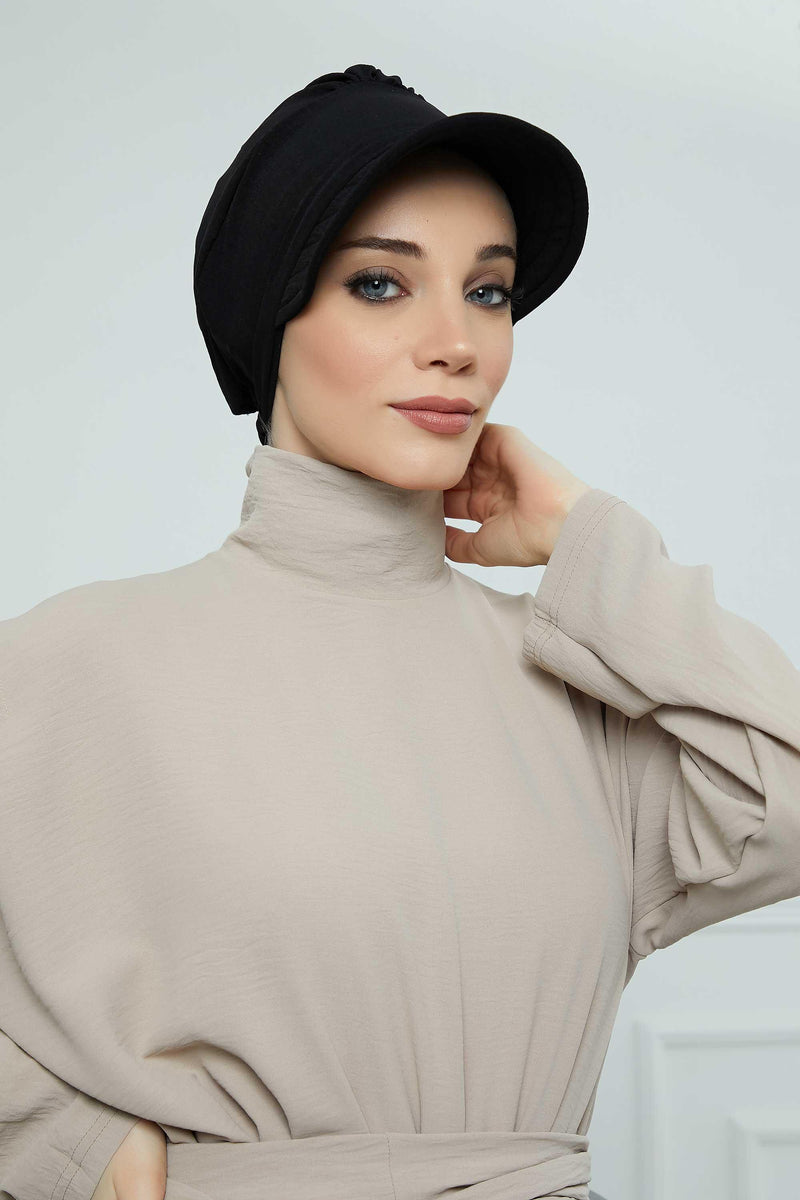 High Quality Newsboy Women Hat, Pre-Tied Turban made from High Quality Wrinkle-Resistant Aerobin Fabric, Visored Instant Turban Cover,B-73A Black