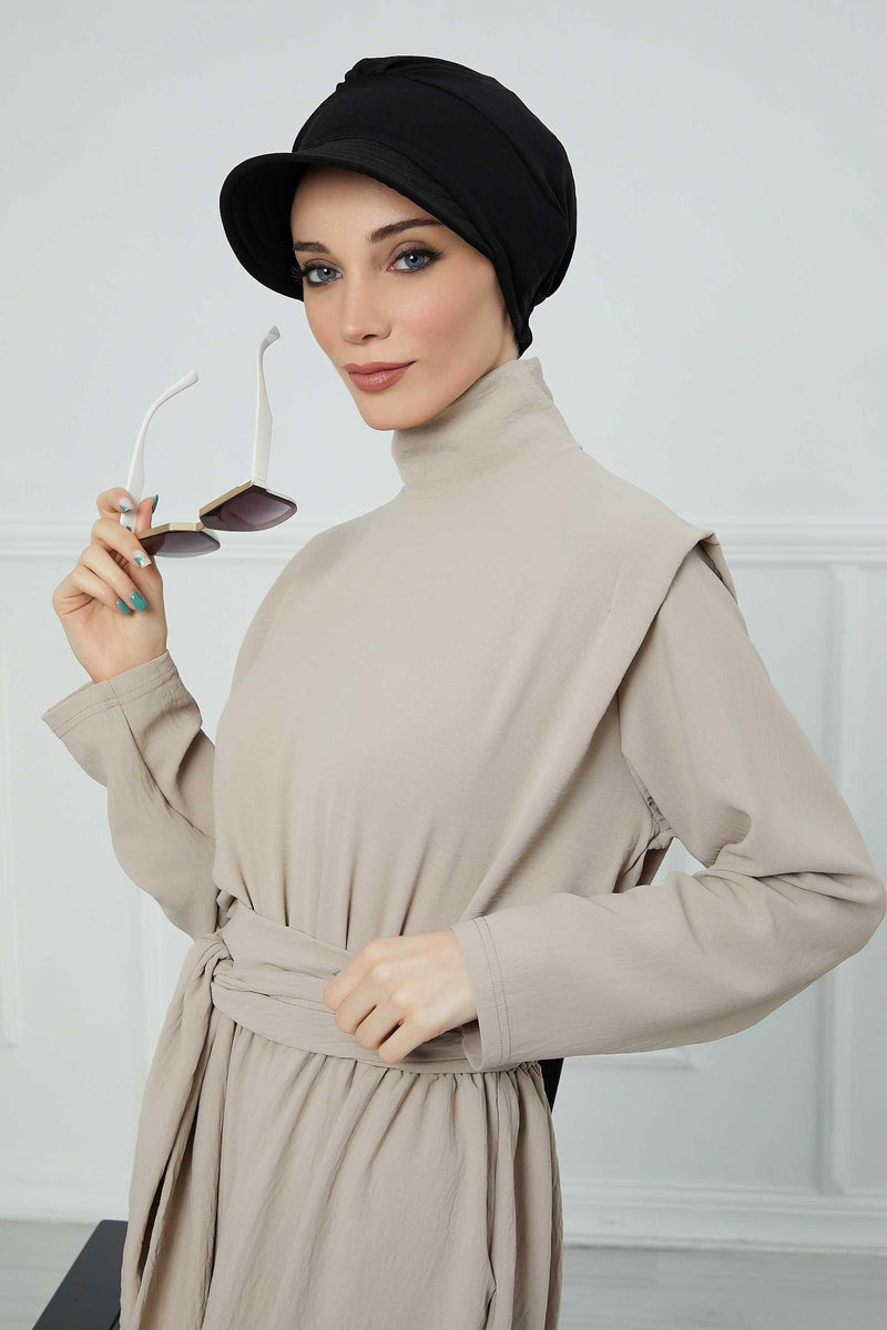 High Quality Newsboy Women Hat, Pre-Tied Turban made from High Quality Wrinkle-Resistant Aerobin Fabric, Visored Instant Turban Cover,B-73A Black