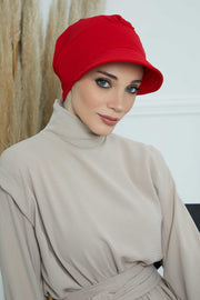 High Quality Newsboy Women Hat, Pre-Tied Turban made from High Quality Wrinkle-Resistant Aerobin Fabric, Visored Instant Turban Cover,B-73A Red