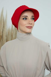 High Quality Newsboy Women Hat, Pre-Tied Turban made from High Quality Wrinkle-Resistant Aerobin Fabric, Visored Instant Turban Cover,B-73A Red