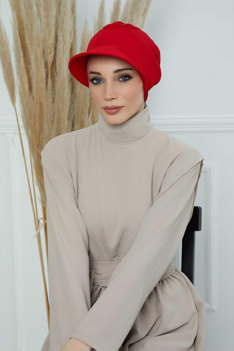 High Quality Newsboy Women Hat, Pre-Tied Turban made from High Quality Wrinkle-Resistant Aerobin Fabric, Visored Instant Turban Cover,B-73A Red