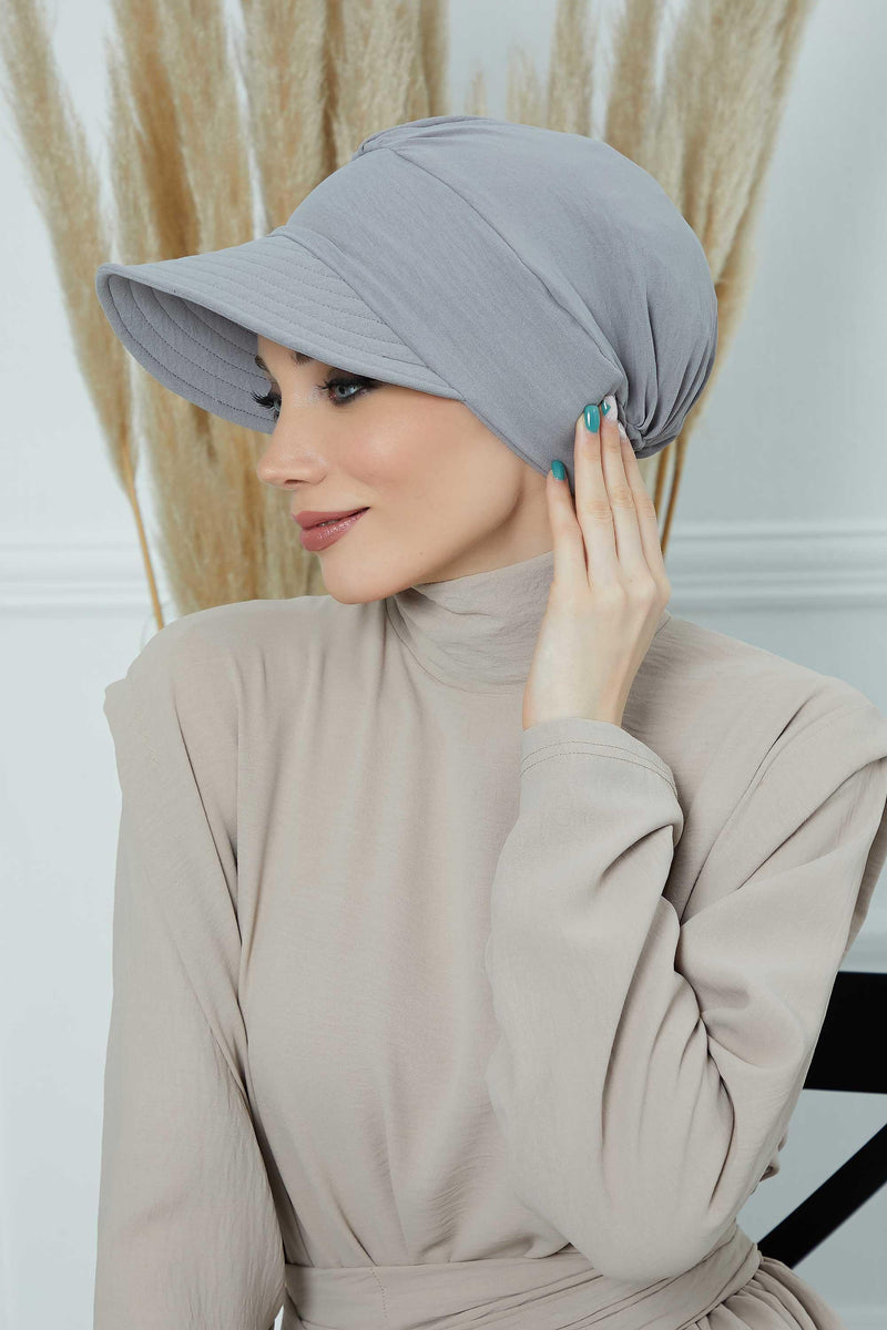 High Quality Newsboy Women Hat, Pre-Tied Turban made from High Quality Wrinkle-Resistant Aerobin Fabric, Visored Instant Turban Cover,B-73A Grey