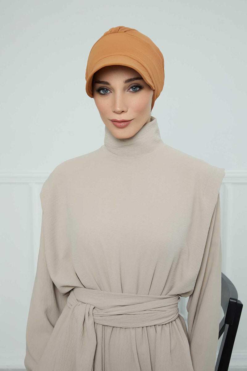 High Quality Newsboy Women Hat, Pre-Tied Turban made from High Quality Wrinkle-Resistant Aerobin Fabric, Visored Instant Turban Cover,B-73A Tawny Brown