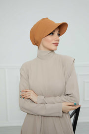 High Quality Newsboy Women Hat, Pre-Tied Turban made from High Quality Wrinkle-Resistant Aerobin Fabric, Visored Instant Turban Cover,B-73A Tawny Brown