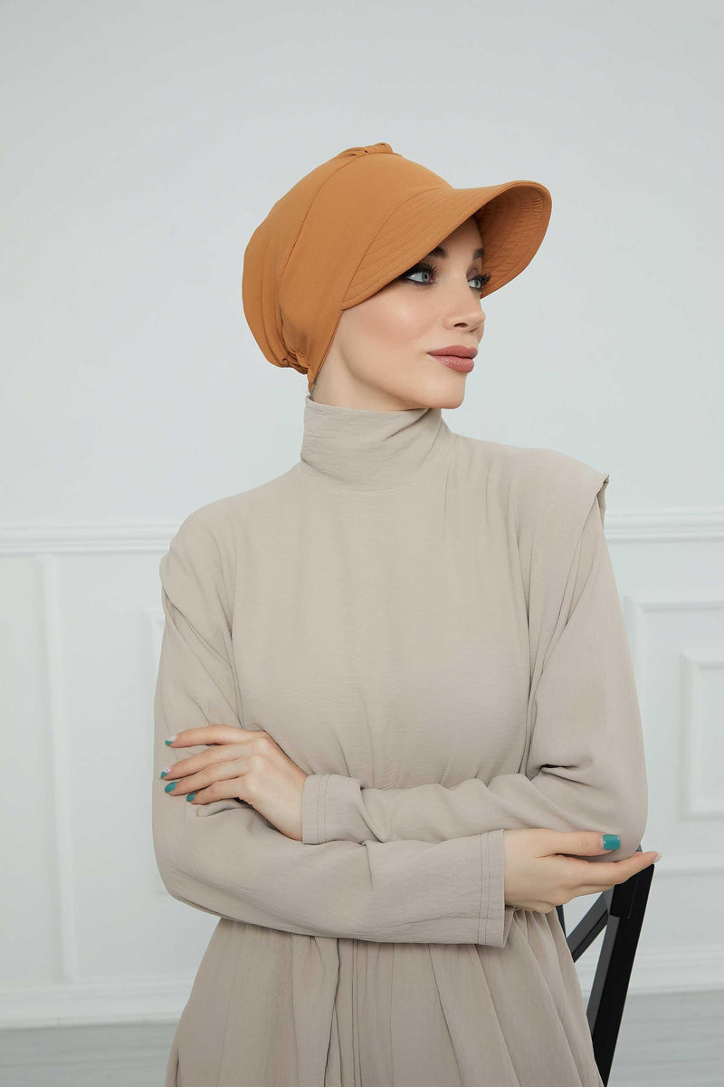 High Quality Newsboy Women Hat, Pre-Tied Turban made from High Quality Wrinkle-Resistant Aerobin Fabric, Visored Instant Turban Cover,B-73A Tawny Brown