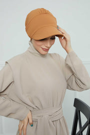 High Quality Newsboy Women Hat, Pre-Tied Turban made from High Quality Wrinkle-Resistant Aerobin Fabric, Visored Instant Turban Cover,B-73A Tawny Brown