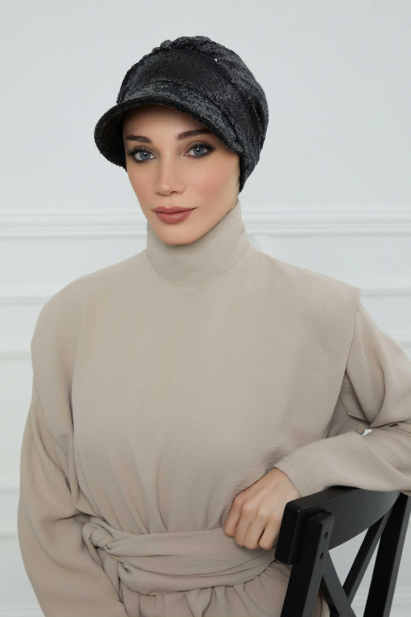 Shining Instant Turban Newsboy Women's Cap, Visor Pre-Tied Turban Head Covering for Modern Women, Chic Sequined Chemo Headwear Bonnet,B-73P Black Sequined