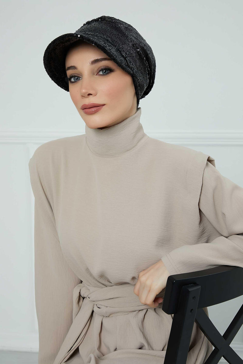 Shining Instant Turban Newsboy Women's Cap, Visor Pre-Tied Turban Head Covering for Modern Women, Chic Sequined Chemo Headwear Bonnet,B-73P Black Sequined