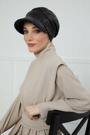 Shining Instant Turban Newsboy Women's Cap, Visor Pre-Tied Turban Head Covering for Modern Women, Chic Sequined Chemo Headwear Bonnet,B-73P Black Sequined