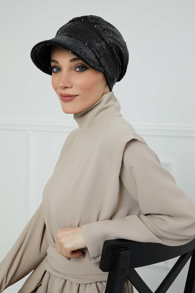 Shining Instant Turban Newsboy Women's Cap, Visor Pre-Tied Turban Head Covering for Modern Women, Chic Sequined Chemo Headwear Bonnet,B-73P Black Sequined