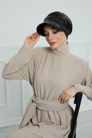 Shining Instant Turban Newsboy Women's Cap, Visor Pre-Tied Turban Head Covering for Modern Women, Chic Sequined Chemo Headwear Bonnet,B-73P Black Sequined