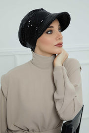 Shining Instant Turban Newsboy Women's Cap, Visor Pre-Tied Turban Head Covering for Modern Women, Chic Sequined Chemo Headwear Bonnet,B-73P Black Sequined