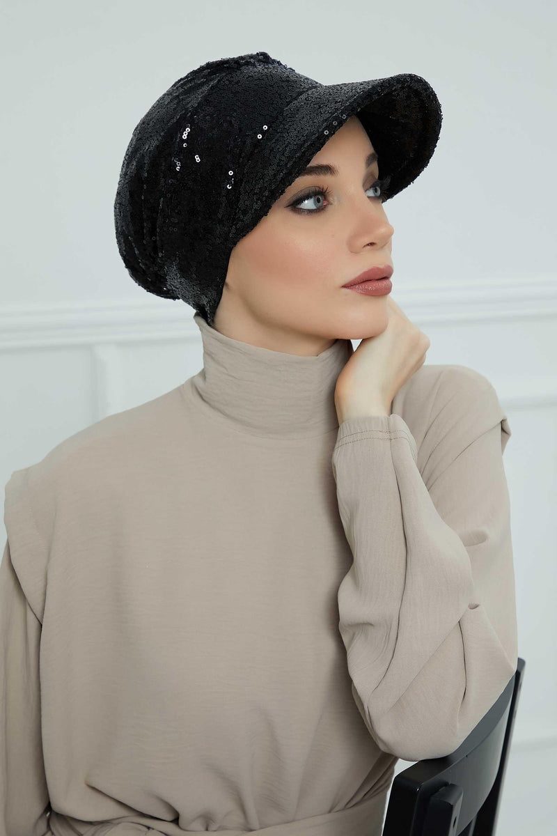 Shining Instant Turban Newsboy Women's Cap, Visor Pre-Tied Turban Head Covering for Modern Women, Chic Sequined Chemo Headwear Bonnet,B-73P Black Sequined