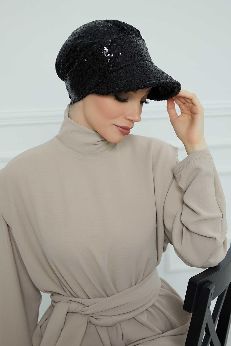 Shining Instant Turban Newsboy Women's Cap, Visor Pre-Tied Turban Head Covering for Modern Women, Chic Sequined Chemo Headwear Bonnet,B-73P Black Sequined