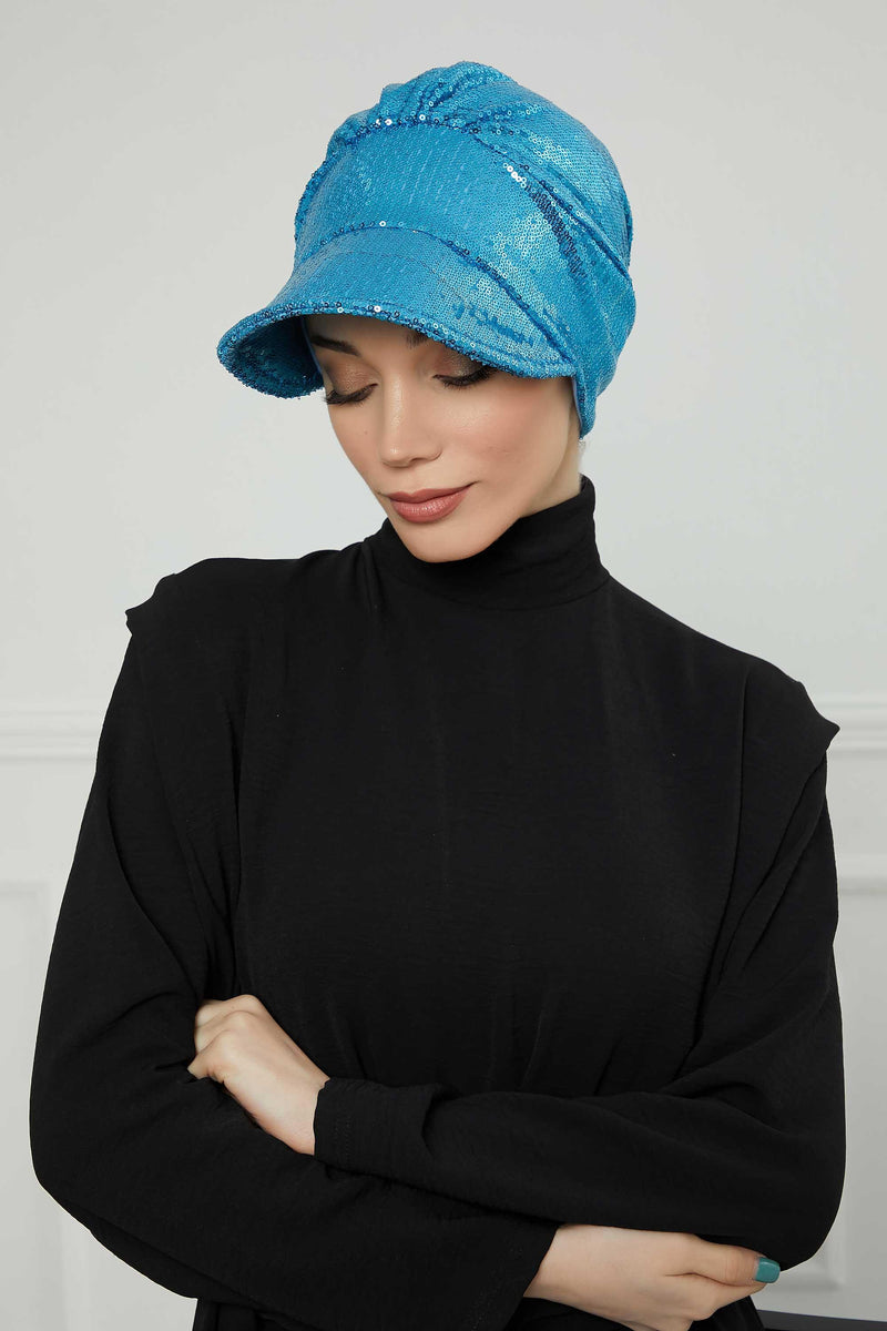 Shining Instant Turban Newsboy Women's Cap, Visor Pre-Tied Turban Head Covering for Modern Women, Chic Sequined Chemo Headwear Bonnet,B-73P Turquoise