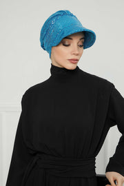Shining Instant Turban Newsboy Women's Cap, Visor Pre-Tied Turban Head Covering for Modern Women, Chic Sequined Chemo Headwear Bonnet,B-73P Turquoise