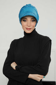 Shining Instant Turban Newsboy Women's Cap, Visor Pre-Tied Turban Head Covering for Modern Women, Chic Sequined Chemo Headwear Bonnet,B-73P Turquoise