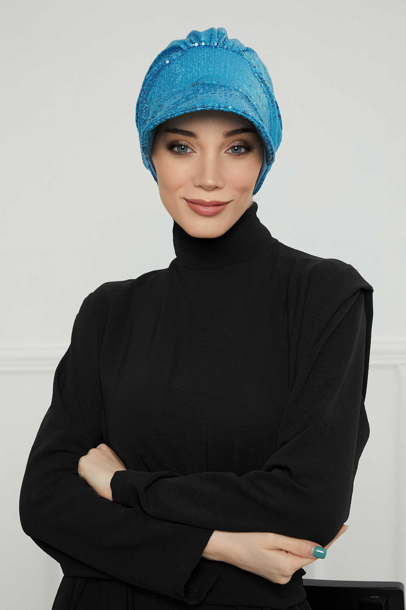 Shining Instant Turban Newsboy Women's Cap, Visor Pre-Tied Turban Head Covering for Modern Women, Chic Sequined Chemo Headwear Bonnet,B-73P Turquoise