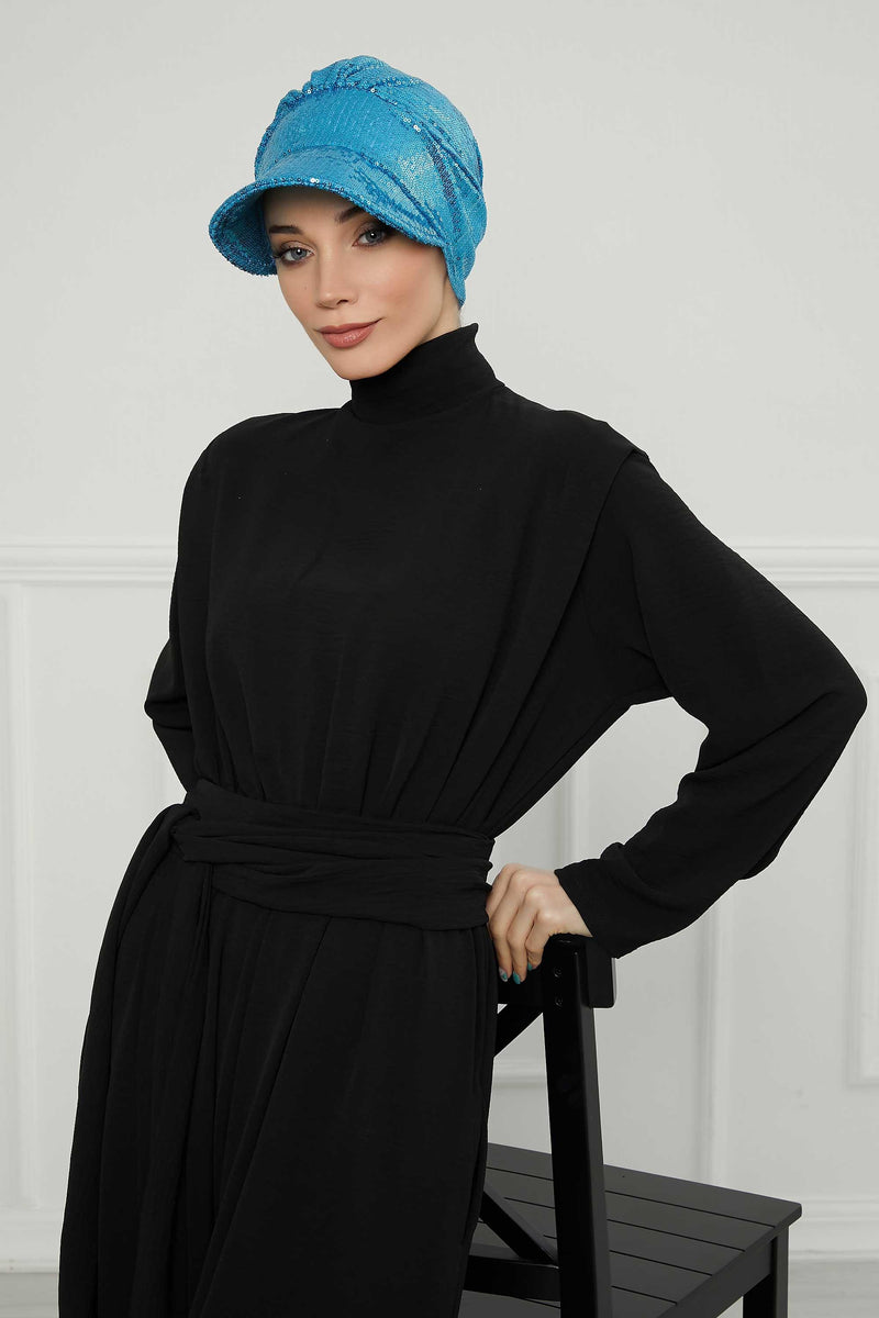 Shining Instant Turban Newsboy Women's Cap, Visor Pre-Tied Turban Head Covering for Modern Women, Chic Sequined Chemo Headwear Bonnet,B-73P Turquoise