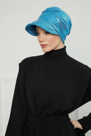 Shining Instant Turban Newsboy Women's Cap, Visor Pre-Tied Turban Head Covering for Modern Women, Chic Sequined Chemo Headwear Bonnet,B-73P Turquoise