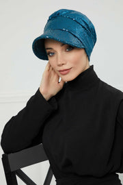 Shining Instant Turban Newsboy Women's Cap, Visor Pre-Tied Turban Head Covering for Modern Women, Chic Sequined Chemo Headwear Bonnet,B-73P Petrol Green