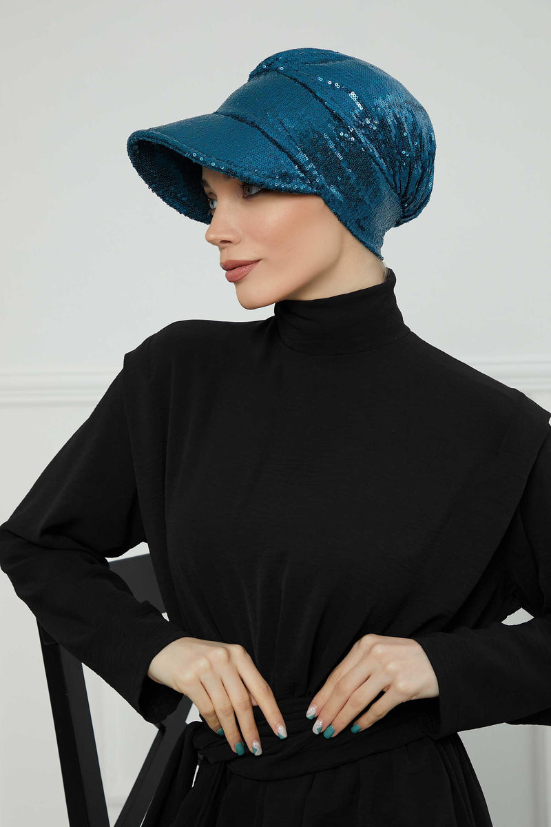 Shining Instant Turban Newsboy Women's Cap, Visor Pre-Tied Turban Head Covering for Modern Women, Chic Sequined Chemo Headwear Bonnet,B-73P Petrol Green