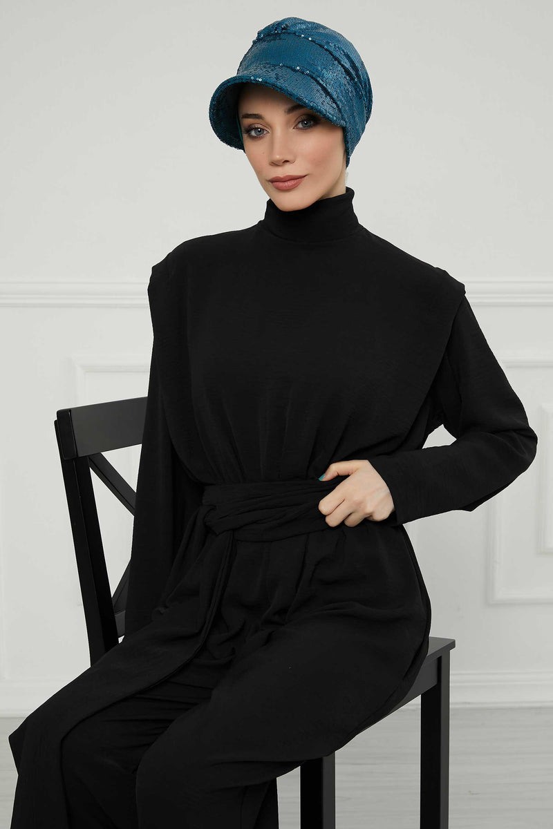 Shining Instant Turban Newsboy Women's Cap, Visor Pre-Tied Turban Head Covering for Modern Women, Chic Sequined Chemo Headwear Bonnet,B-73P Petrol Green