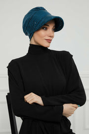 Shining Instant Turban Newsboy Women's Cap, Visor Pre-Tied Turban Head Covering for Modern Women, Chic Sequined Chemo Headwear Bonnet,B-73P Petrol Green