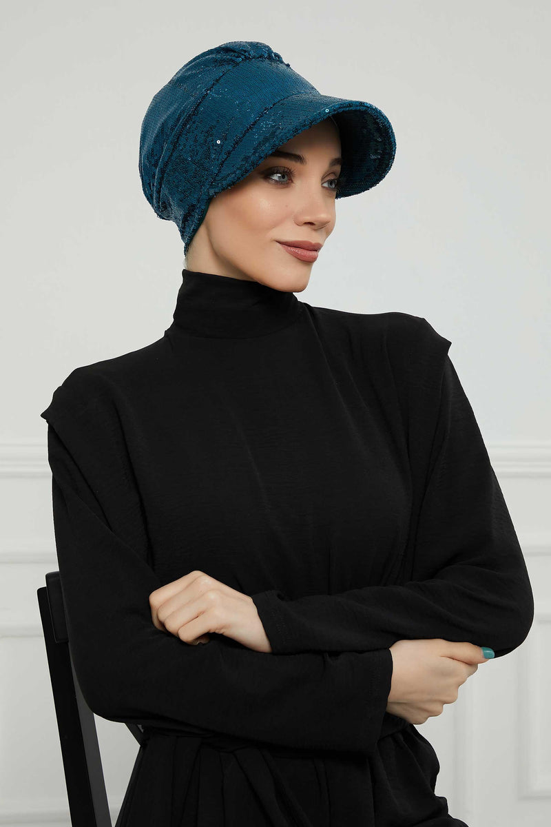 Shining Instant Turban Newsboy Women's Cap, Visor Pre-Tied Turban Head Covering for Modern Women, Chic Sequined Chemo Headwear Bonnet,B-73P Petrol Green