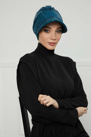 Shining Instant Turban Newsboy Women's Cap, Visor Pre-Tied Turban Head Covering for Modern Women, Chic Sequined Chemo Headwear Bonnet,B-73P Petrol Green