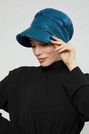 Shining Instant Turban Newsboy Women's Cap, Visor Pre-Tied Turban Head Covering for Modern Women, Chic Sequined Chemo Headwear Bonnet,B-73P Petrol Green