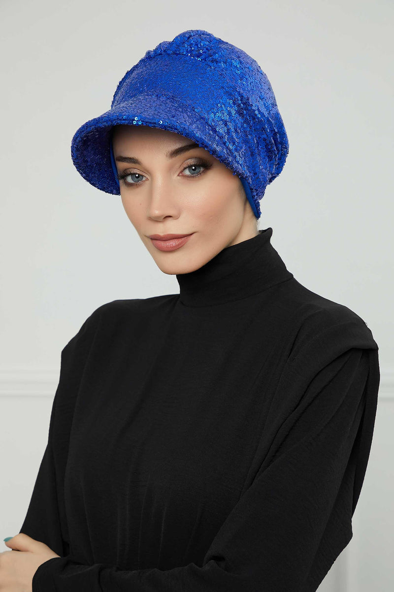 Shining Instant Turban Newsboy Women's Cap, Visor Pre-Tied Turban Head Covering for Modern Women, Chic Sequined Chemo Headwear Bonnet,B-73P Sax Blue