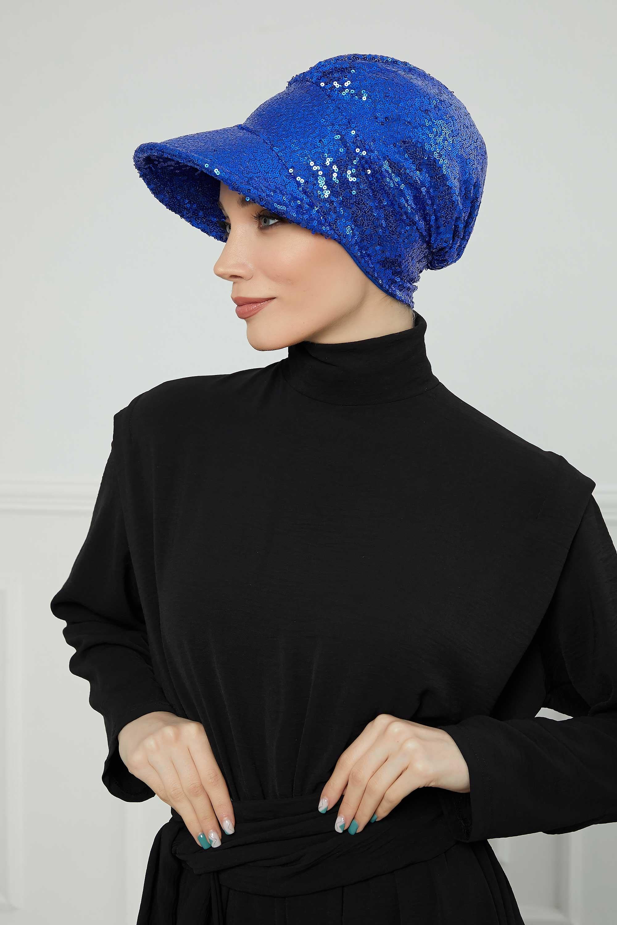 Shining Instant Turban Newsboy Women's Cap, Visor Pre-Tied Turban Head Covering for Modern Women, Chic Sequined Chemo Headwear Bonnet,B-73P Sax Blue