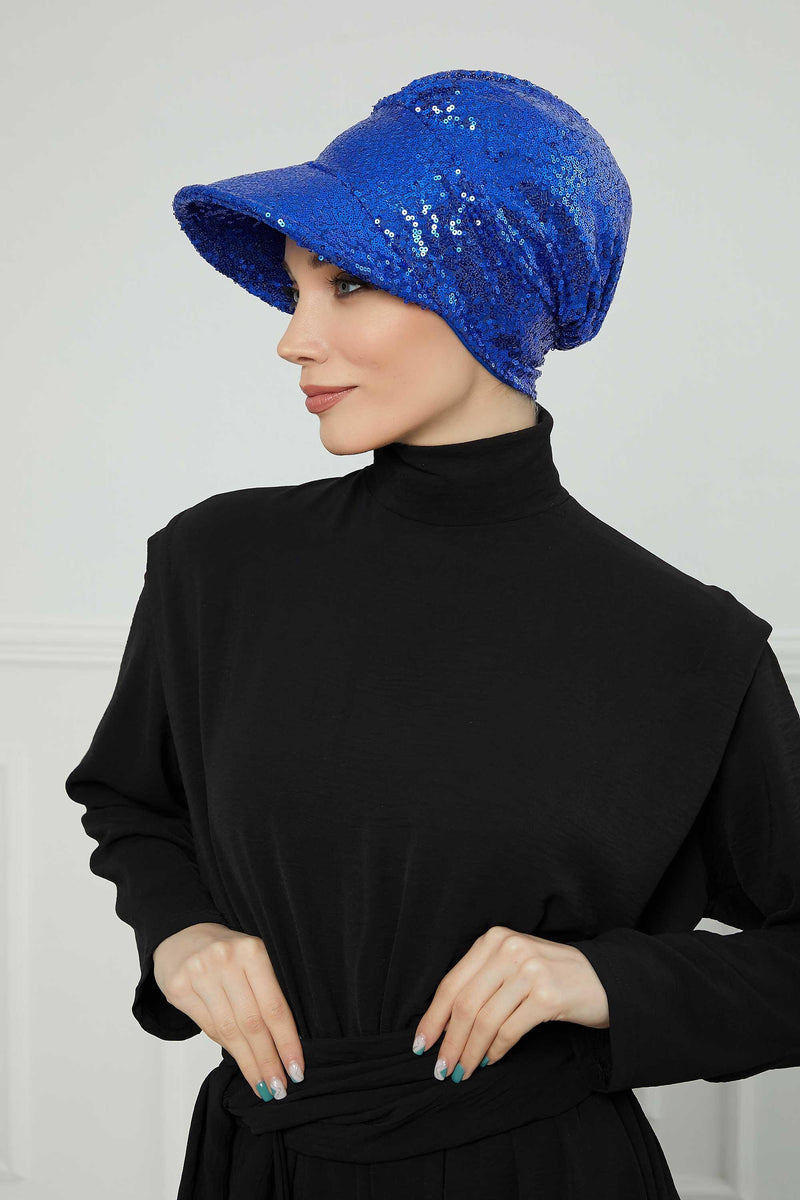 Shining Instant Turban Newsboy Women's Cap, Visor Pre-Tied Turban Head Covering for Modern Women, Chic Sequined Chemo Headwear Bonnet,B-73P Sax Blue