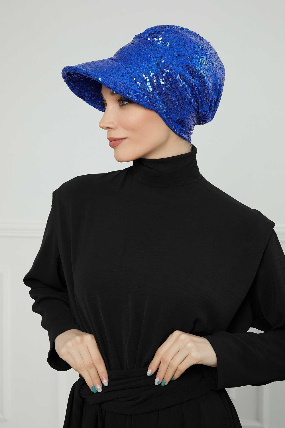 Shining Instant Turban Newsboy Women's Cap, Visor Pre-Tied Turban Head Covering for Modern Women, Chic Sequined Chemo Headwear Bonnet,B-73P Sax Blue
