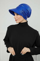 Shining Instant Turban Newsboy Women's Cap, Visor Pre-Tied Turban Head Covering for Modern Women, Chic Sequined Chemo Headwear Bonnet,B-73P Sax Blue