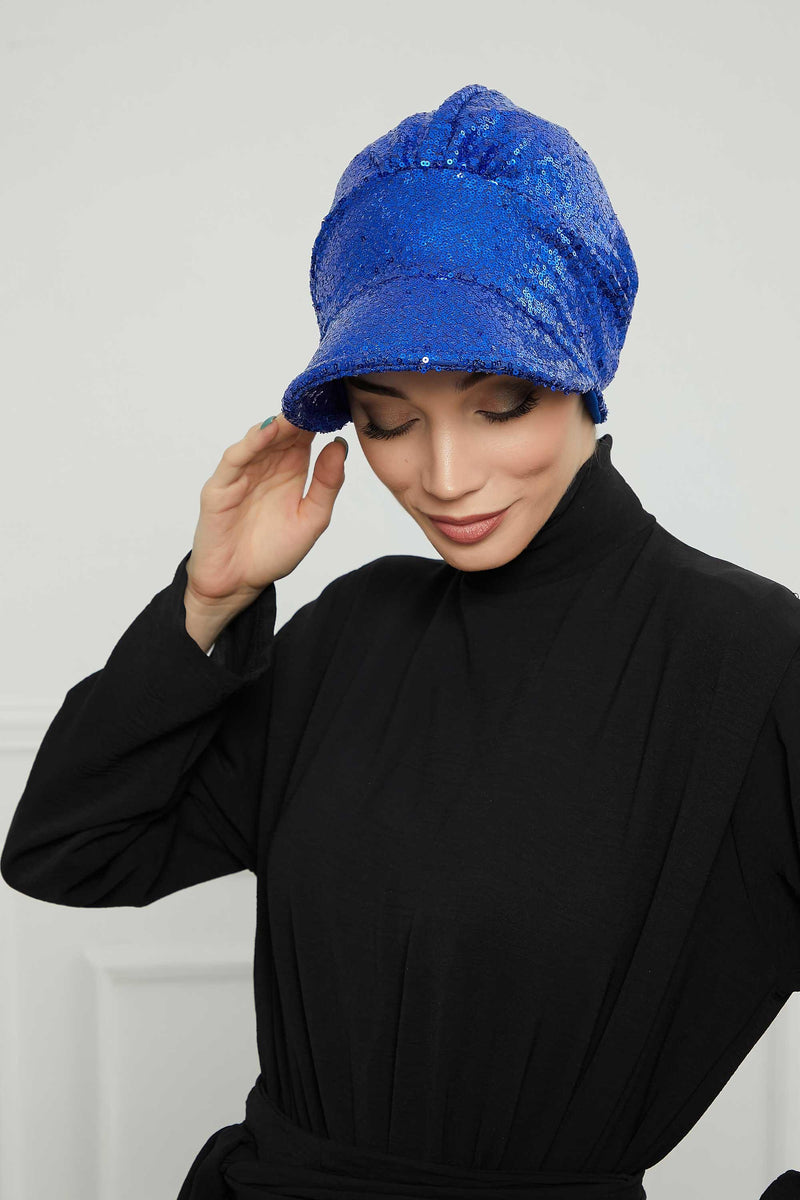 Shining Instant Turban Newsboy Women's Cap, Visor Pre-Tied Turban Head Covering for Modern Women, Chic Sequined Chemo Headwear Bonnet,B-73P Sax Blue
