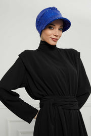 Shining Instant Turban Newsboy Women's Cap, Visor Pre-Tied Turban Head Covering for Modern Women, Chic Sequined Chemo Headwear Bonnet,B-73P Sax Blue