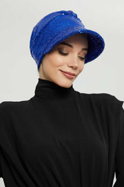 Shining Instant Turban Newsboy Women's Cap, Visor Pre-Tied Turban Head Covering for Modern Women, Chic Sequined Chemo Headwear Bonnet,B-73P Sax Blue