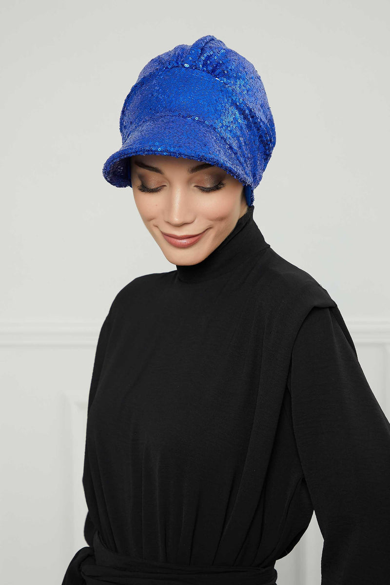 Shining Instant Turban Newsboy Women's Cap, Visor Pre-Tied Turban Head Covering for Modern Women, Chic Sequined Chemo Headwear Bonnet,B-73P Sax Blue