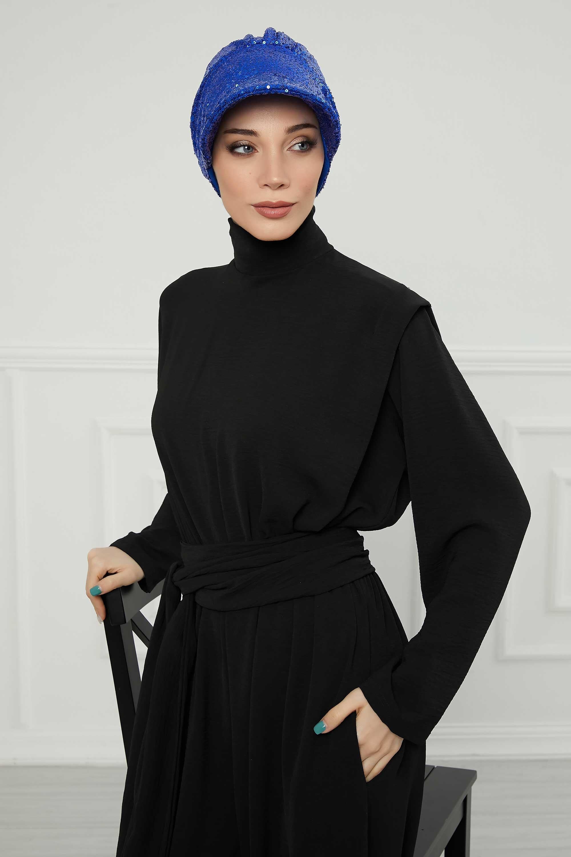 Shining Instant Turban Newsboy Women's Cap, Visor Pre-Tied Turban Head Covering for Modern Women, Chic Sequined Chemo Headwear Bonnet,B-73P Sax Blue