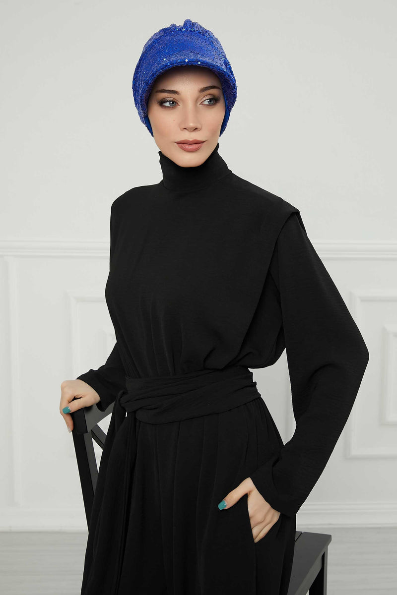 Shining Instant Turban Newsboy Women's Cap, Visor Pre-Tied Turban Head Covering for Modern Women, Chic Sequined Chemo Headwear Bonnet,B-73P Sax Blue