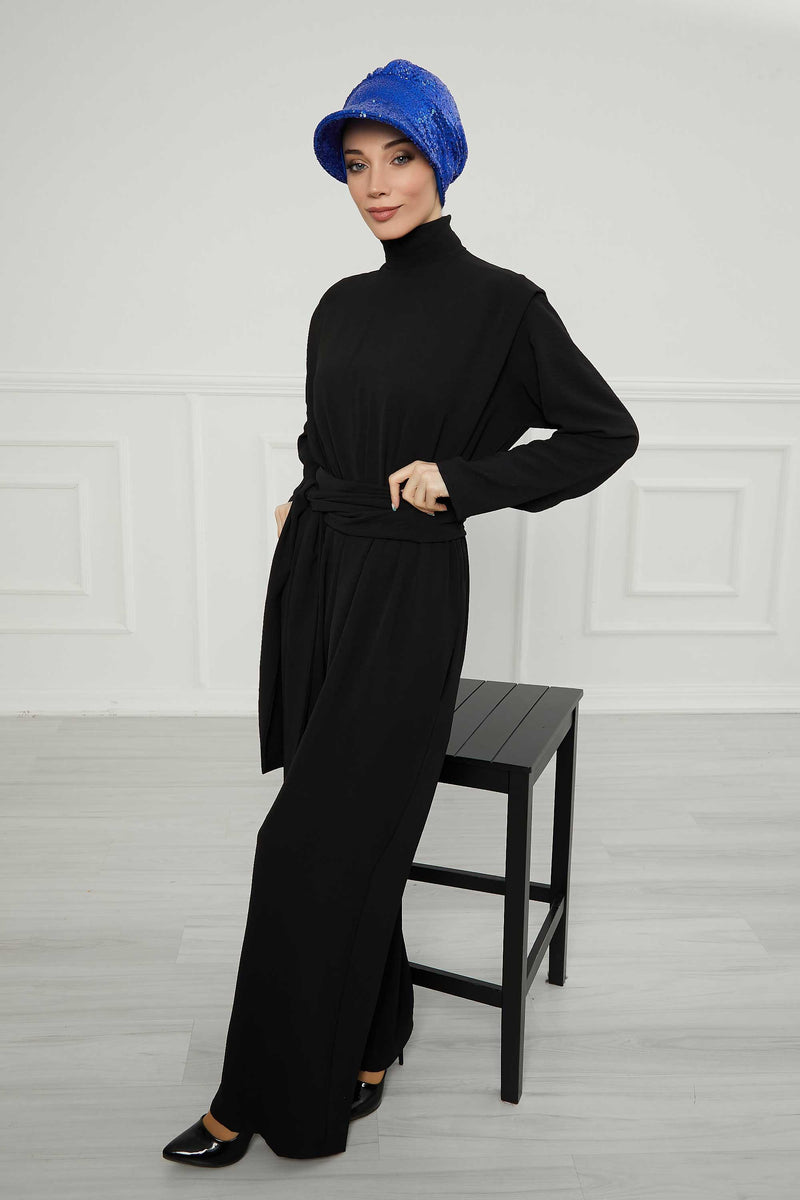 Shining Instant Turban Newsboy Women's Cap, Visor Pre-Tied Turban Head Covering for Modern Women, Chic Sequined Chemo Headwear Bonnet,B-73P Sax Blue