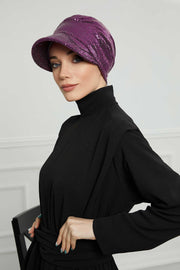 Shining Instant Turban Newsboy Women's Cap, Visor Pre-Tied Turban Head Covering for Modern Women, Chic Sequined Chemo Headwear Bonnet,B-73P Purple