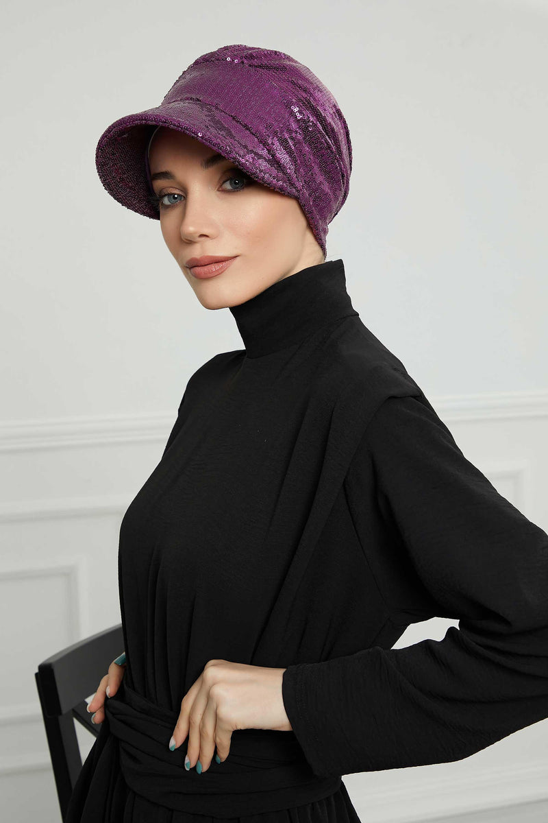 Shining Instant Turban Newsboy Women's Cap, Visor Pre-Tied Turban Head Covering for Modern Women, Chic Sequined Chemo Headwear Bonnet,B-73P Purple