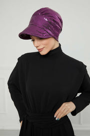 Shining Instant Turban Newsboy Women's Cap, Visor Pre-Tied Turban Head Covering for Modern Women, Chic Sequined Chemo Headwear Bonnet,B-73P Purple