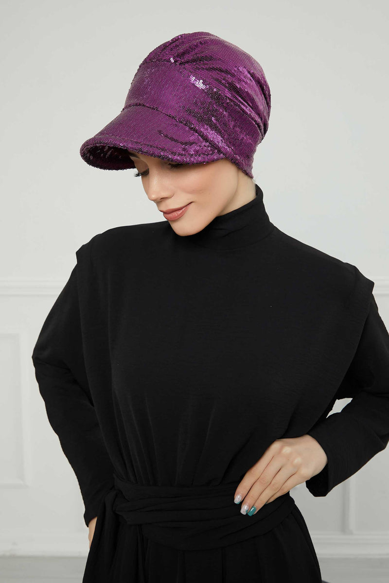 Shining Instant Turban Newsboy Women's Cap, Visor Pre-Tied Turban Head Covering for Modern Women, Chic Sequined Chemo Headwear Bonnet,B-73P Purple