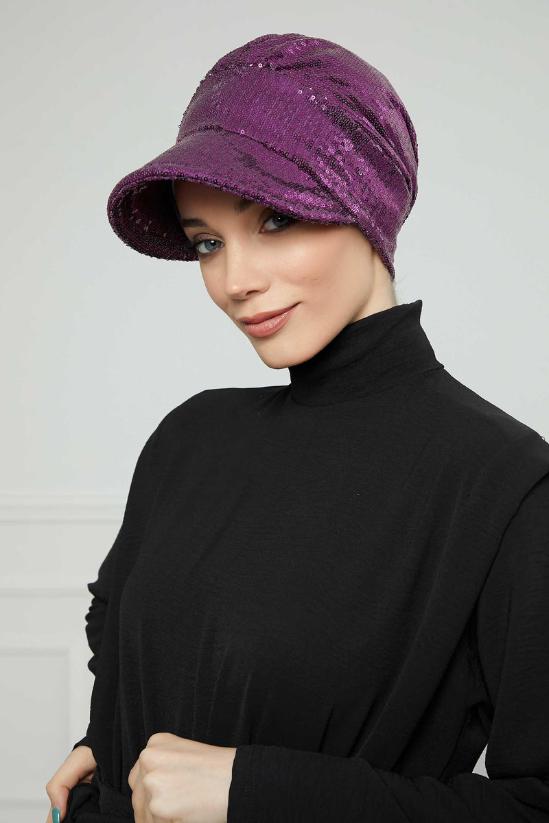Shining Instant Turban Newsboy Women's Cap, Visor Pre-Tied Turban Head Covering for Modern Women, Chic Sequined Chemo Headwear Bonnet,B-73P Purple