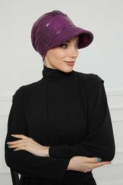 Shining Instant Turban Newsboy Women's Cap, Visor Pre-Tied Turban Head Covering for Modern Women, Chic Sequined Chemo Headwear Bonnet,B-73P Purple
